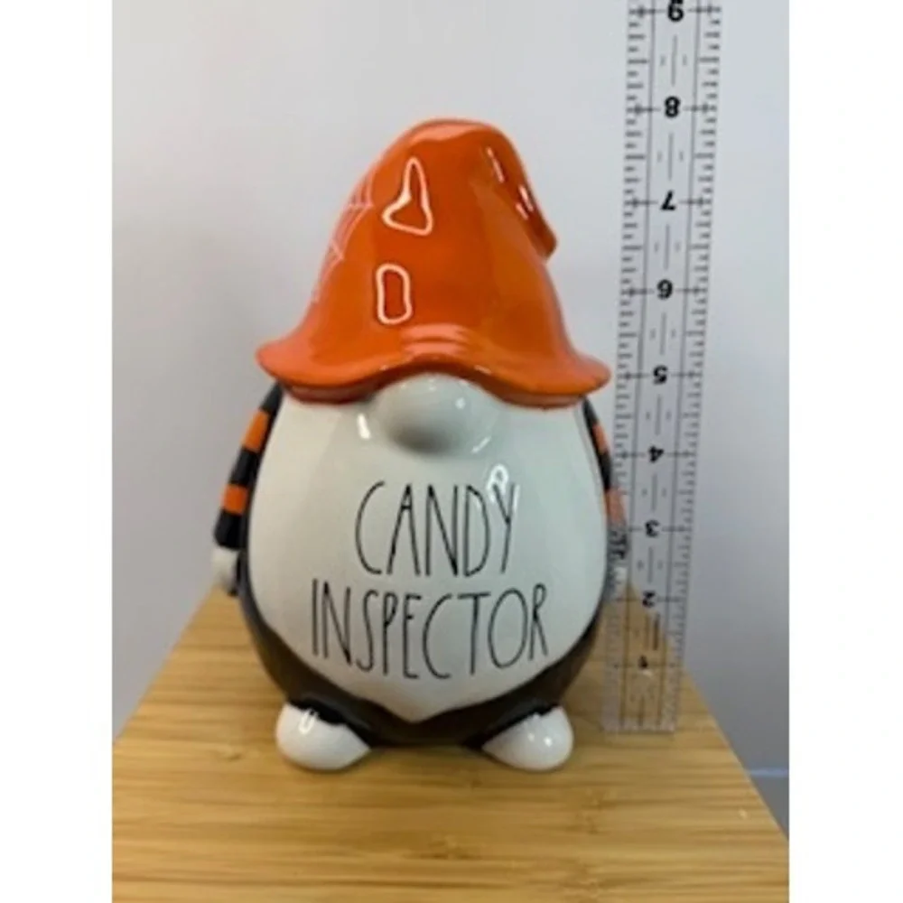 Rae Dunn Candy Inspector Halloween‎ Gnome Figurine Orange Hat Spiderweb Ceramic
